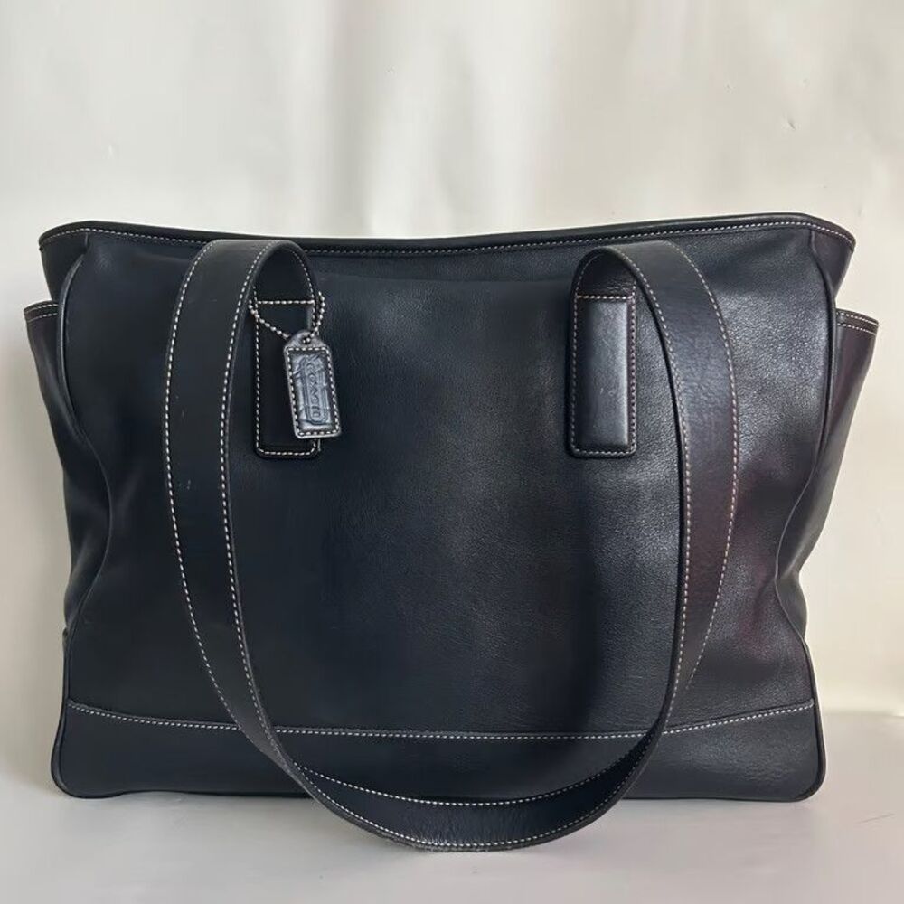 Coach 5098 Vintage Leather Tote Bag Black White Stitch Shoulder Handbag Purse